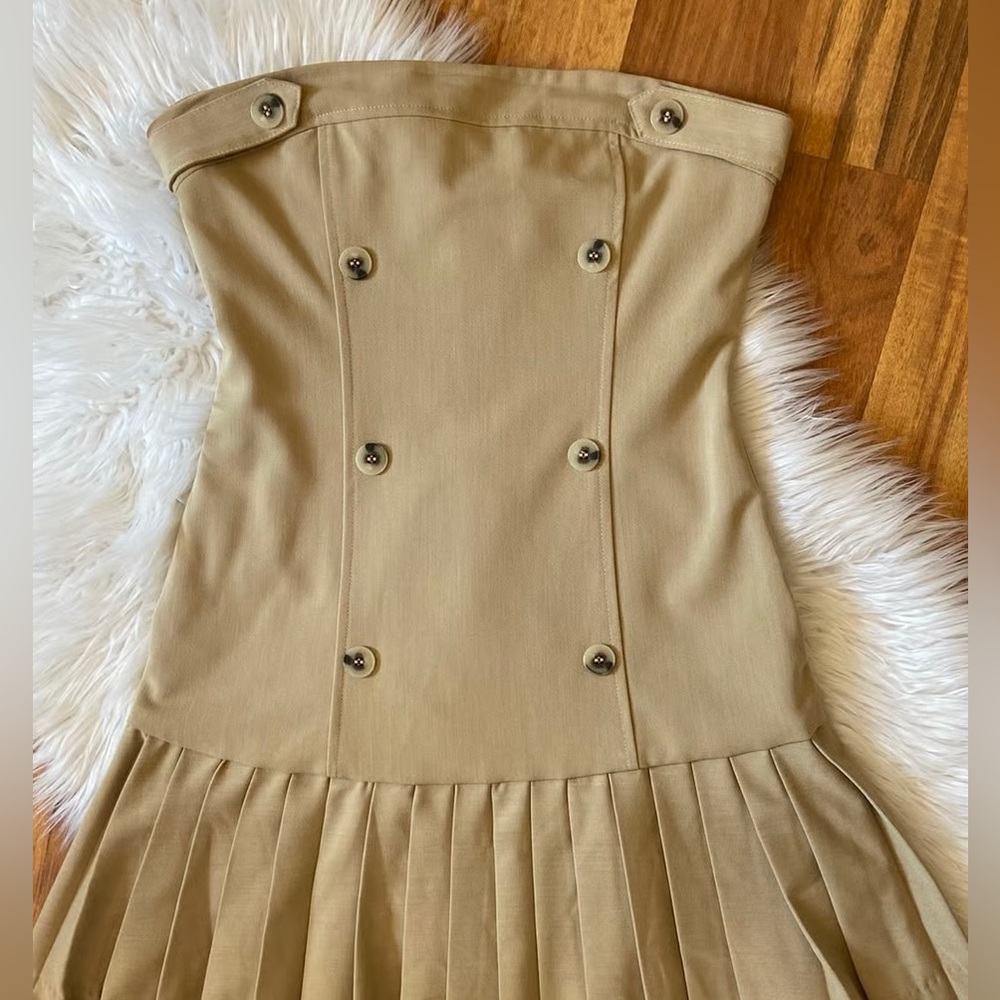 Maeve Strapless Taupe Button-Front Mini Dress - Picture 4 of 10